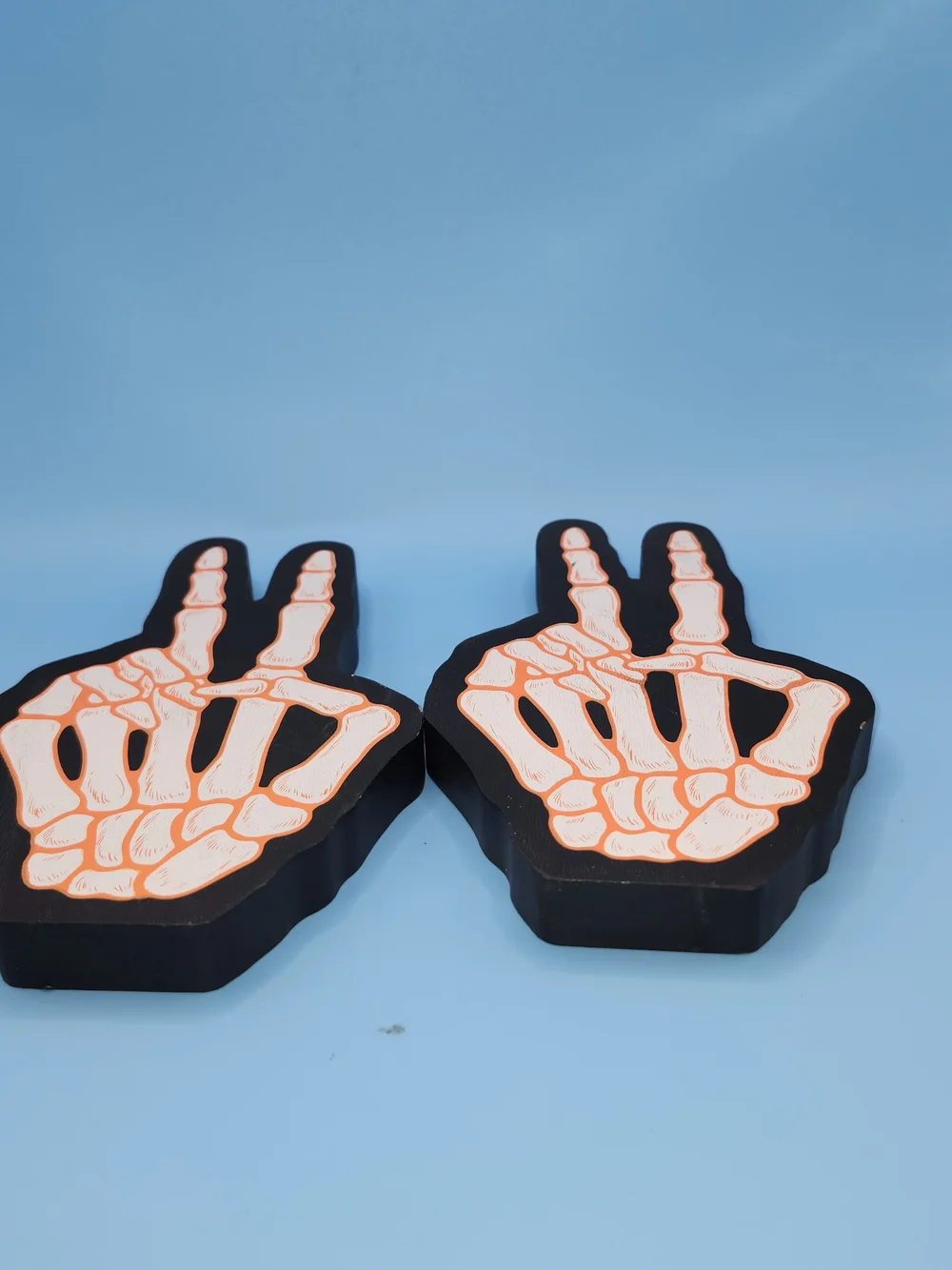 Lot of 2 Halloween Skeleton Hand Peace Sign Wood Cutout Tabletop Decor 3D Sign